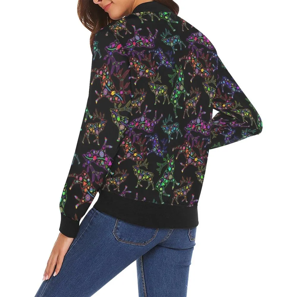 Neon Floral Elk Bomber Jacket for Women