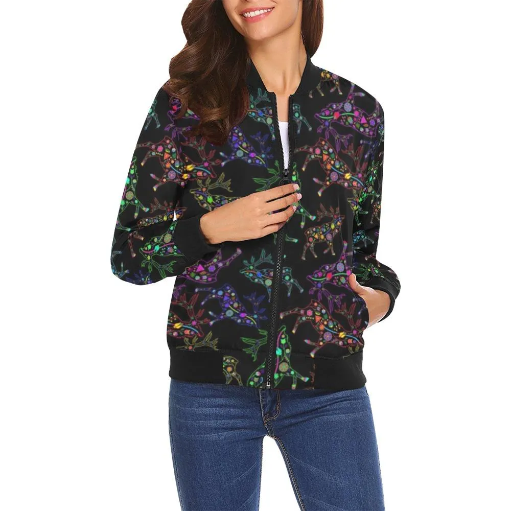 Neon Floral Elk Bomber Jacket for Women