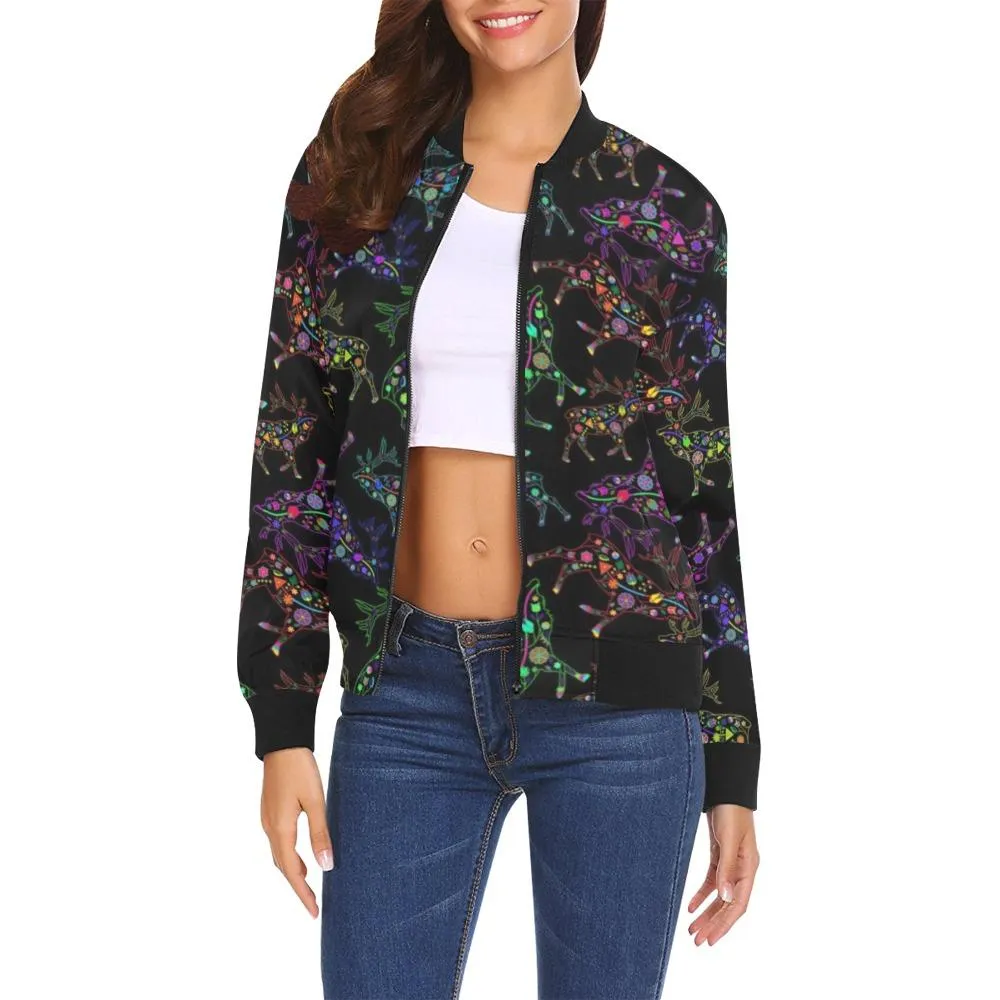 Neon Floral Elk Bomber Jacket for Women