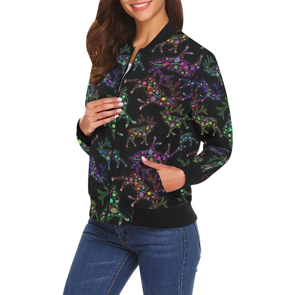 Neon Floral Elk Bomber Jacket for Women