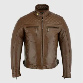 New High Quality Mens's Brown Motorbike Motorcycle Diamond Leather Jacket CE Protection Cowhide