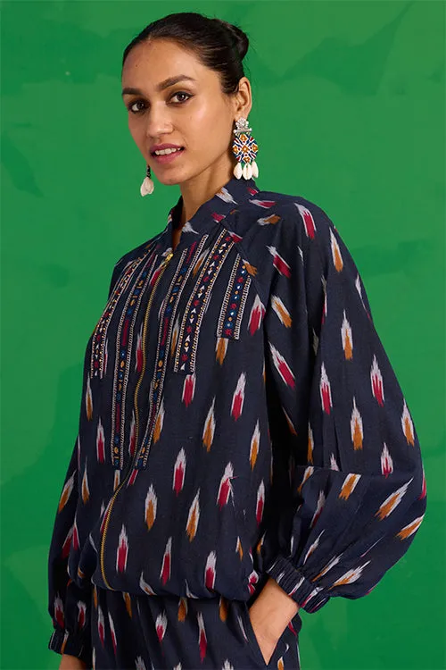 Okhai “Kalinga” Hand-Embroidered Tikki and Mirror work Ikkat Pure Cotton Bomber Jacket