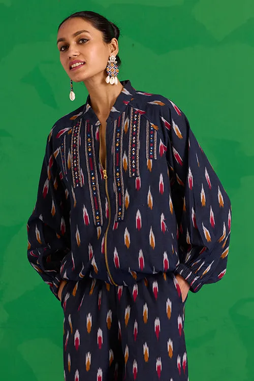 Okhai “Kalinga” Hand-Embroidered Tikki and Mirror work Ikkat Pure Cotton Bomber Jacket