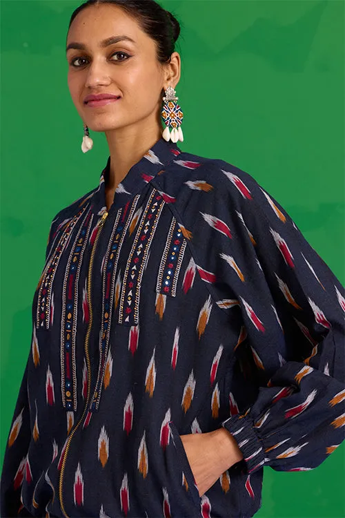 Okhai “Kalinga” Hand-Embroidered Tikki and Mirror work Ikkat Pure Cotton Bomber Jacket