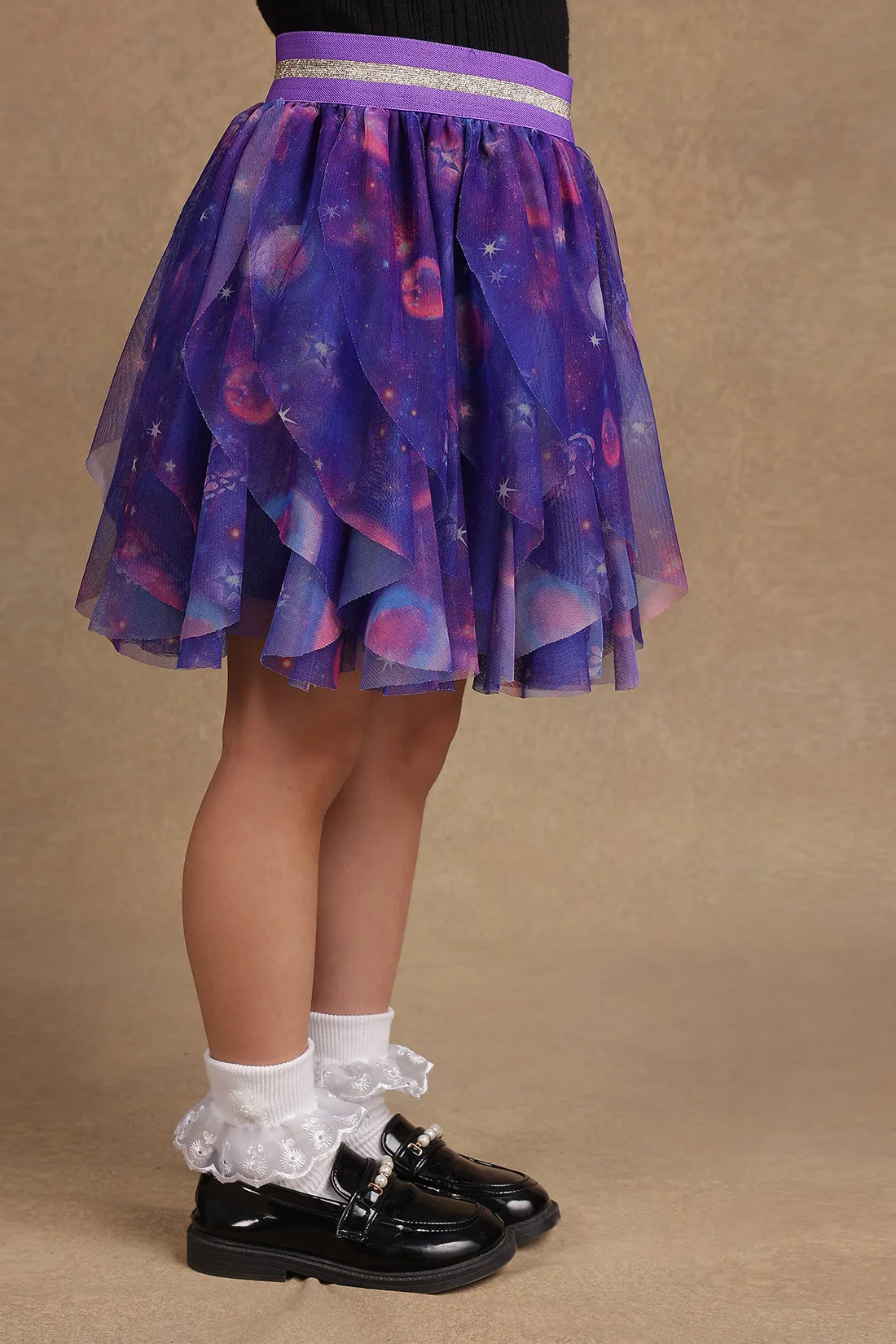 One Friday Kids Girls Purple Cosmic Print Multilayered Skirt