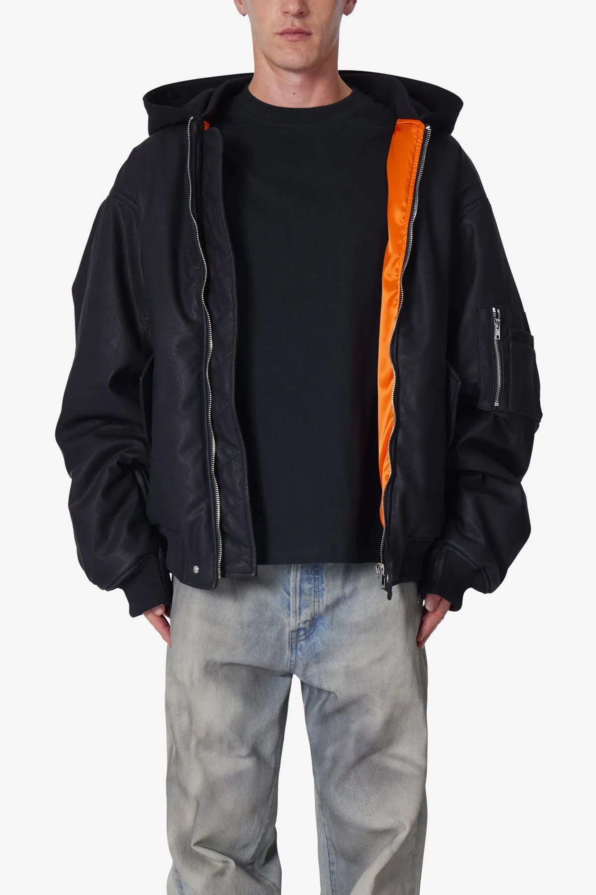 Oversized Hooded Bomber Jacket - Black