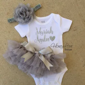 Personalized Name Outfit - Gray and Silver Glitter