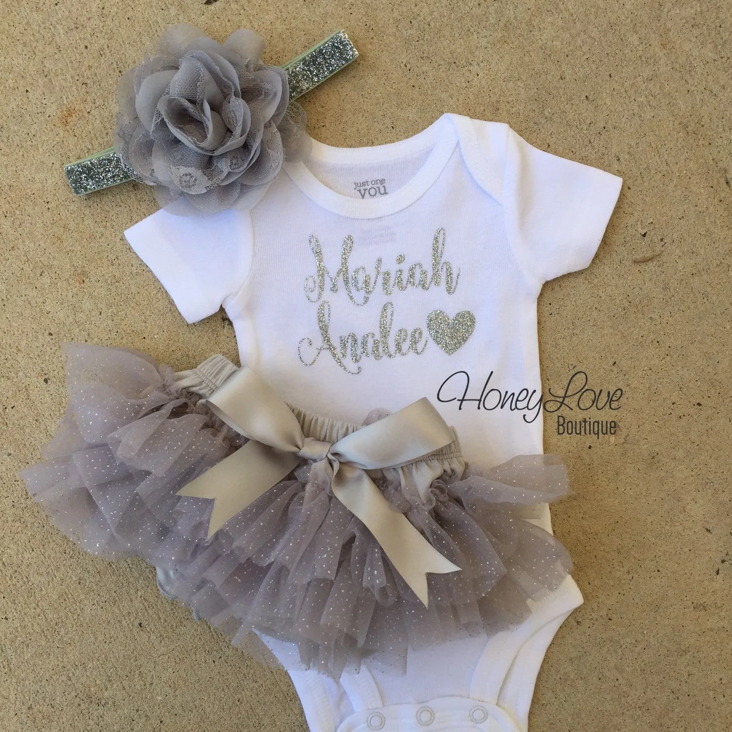 Personalized Name Outfit - Gray and Silver Glitter