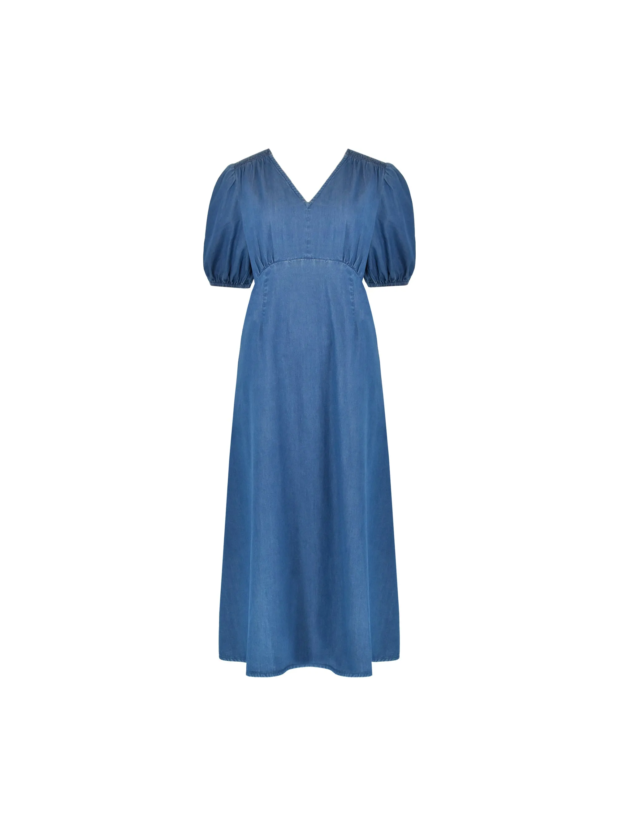 Petite Denim Shirred Shoulder Midi Dress