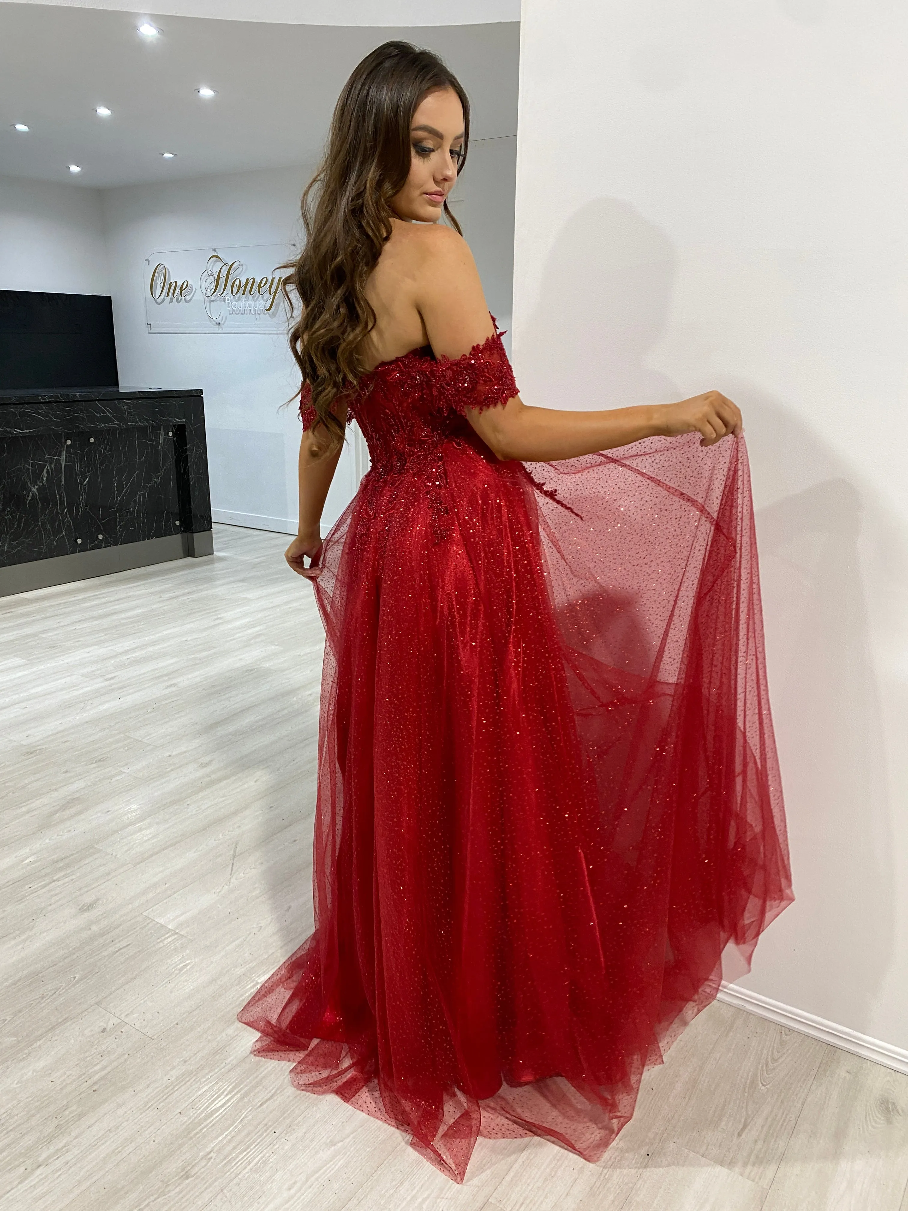 PHOEBE Off the Shoulder Bustier Lace Applique Tulle Formal Dress