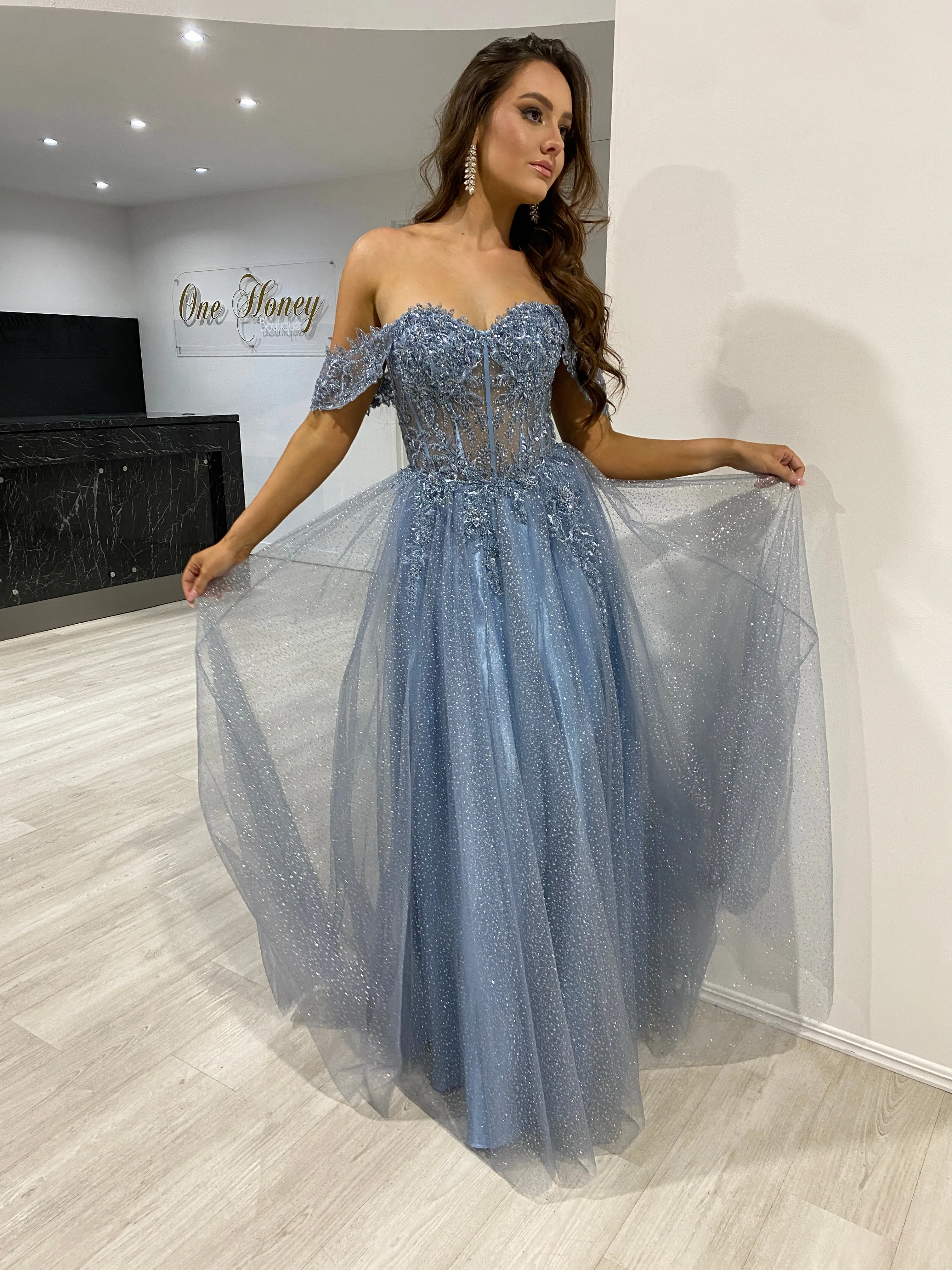 PHOEBE Off the Shoulder Bustier Lace Applique Tulle Formal Dress