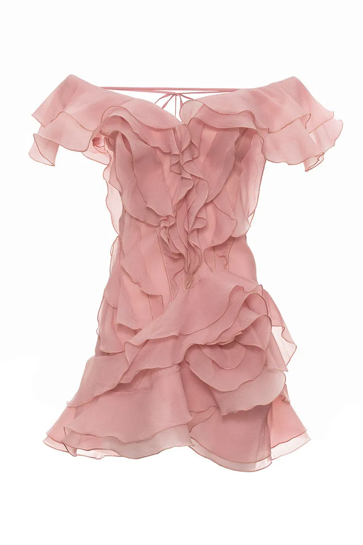 Romantic Plunge Off Shoulder Ruffle Rosette Tiered Party Micro Mini Dress