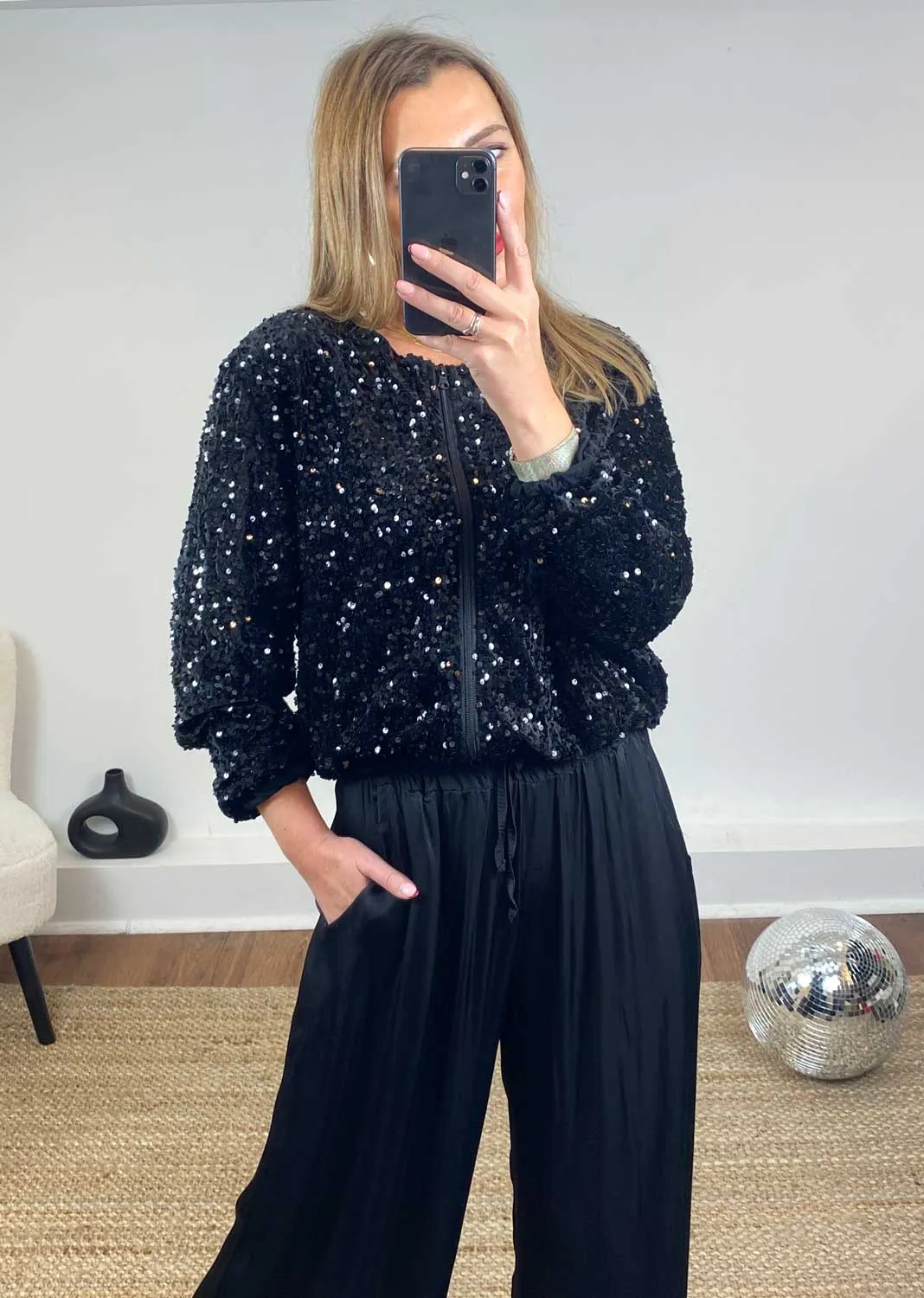 Romy Sequin Bomber Jacket in Black