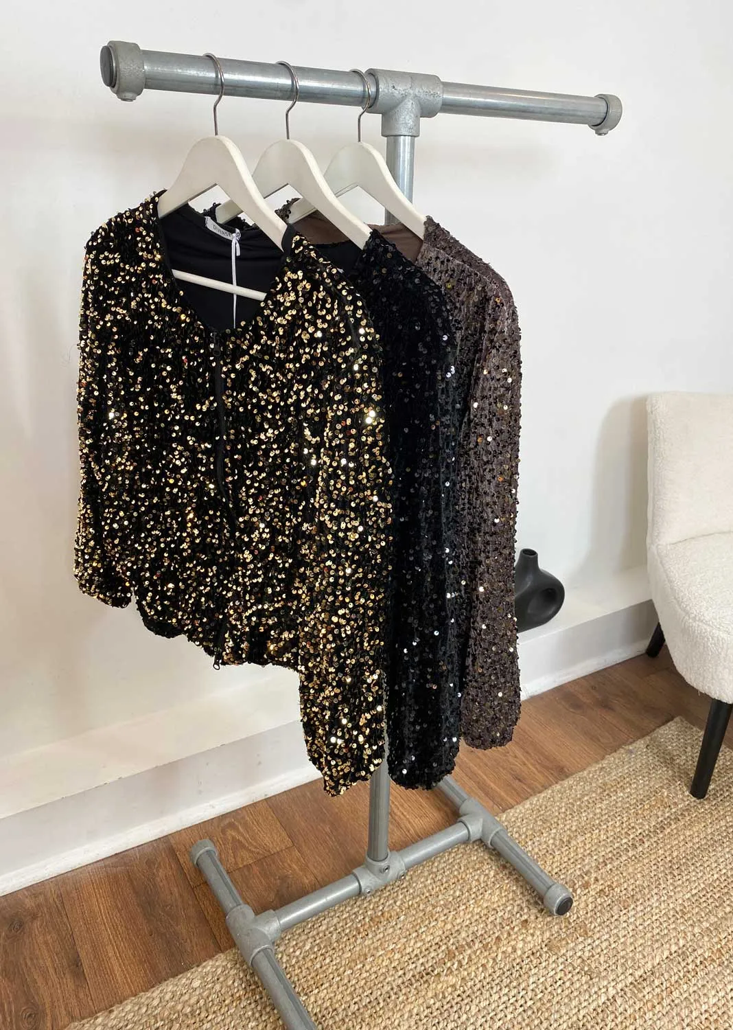 Romy Sequin Bomber Jacket in Gold