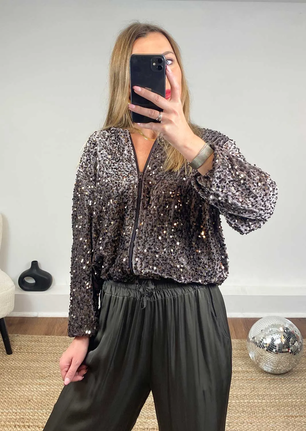 Romy Sequin Bomber Jacket in Mauve