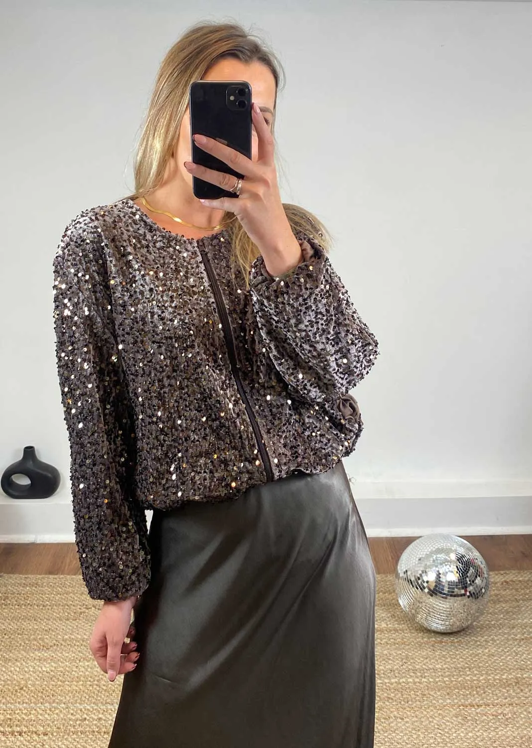 Romy Sequin Bomber Jacket in Mauve