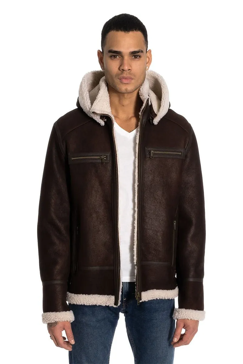 Sidney Men's Sheepskin Shearling Bomber Jacket with Detachable Hood - Brown