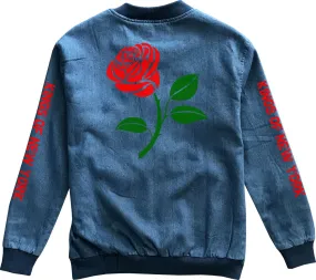 Single Red Rose Denim Bomber Jacket