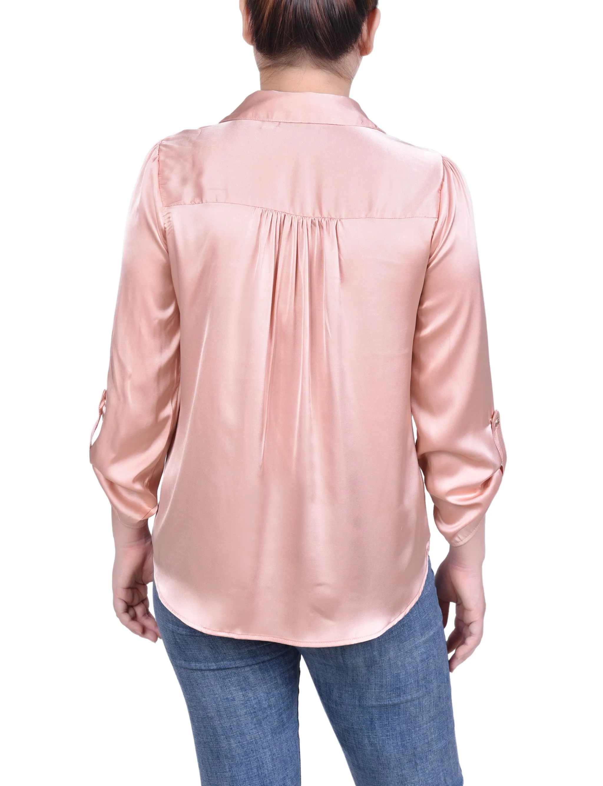 Tabbed Long Sleeve Satin Blouse