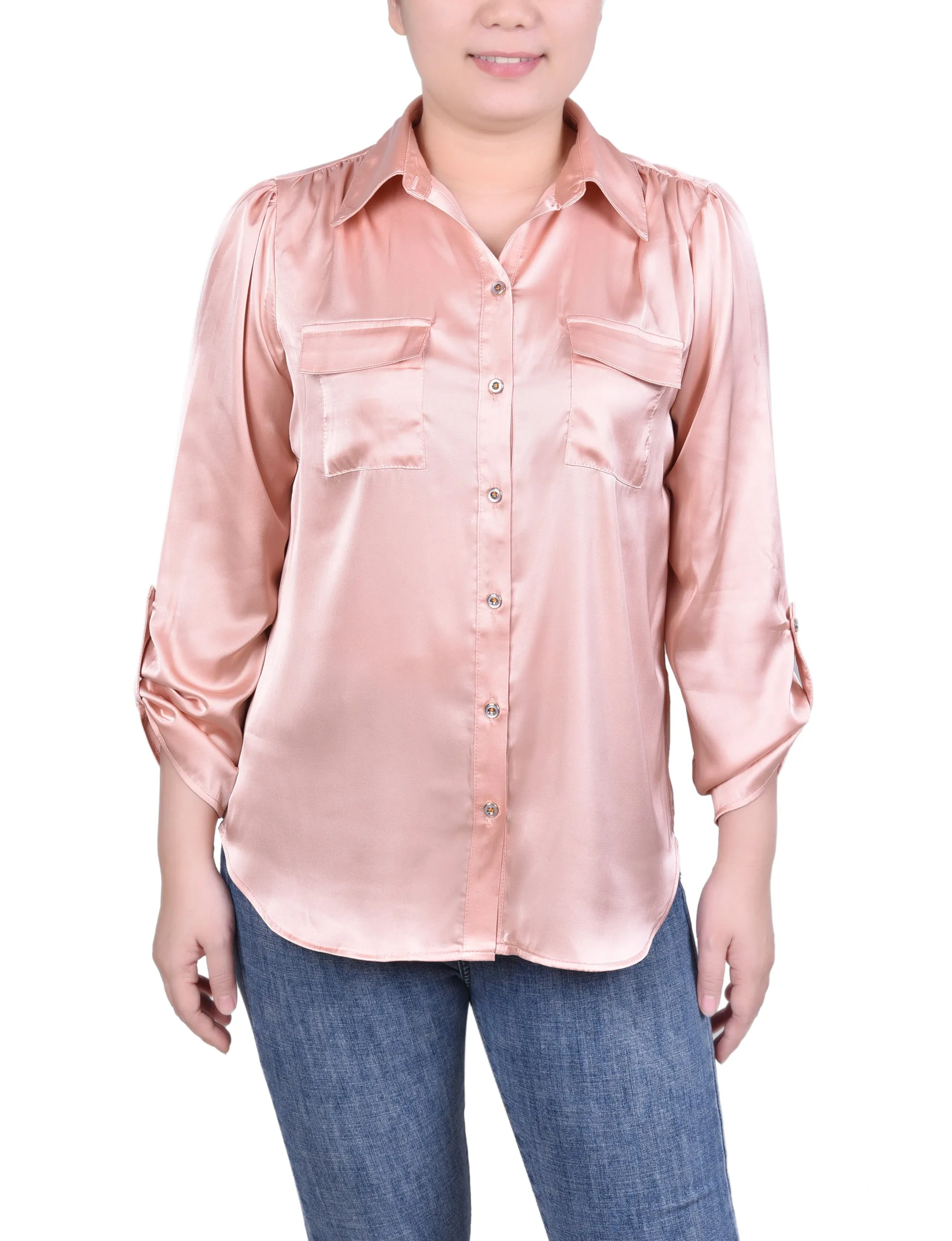 Tabbed Long Sleeve Satin Blouse