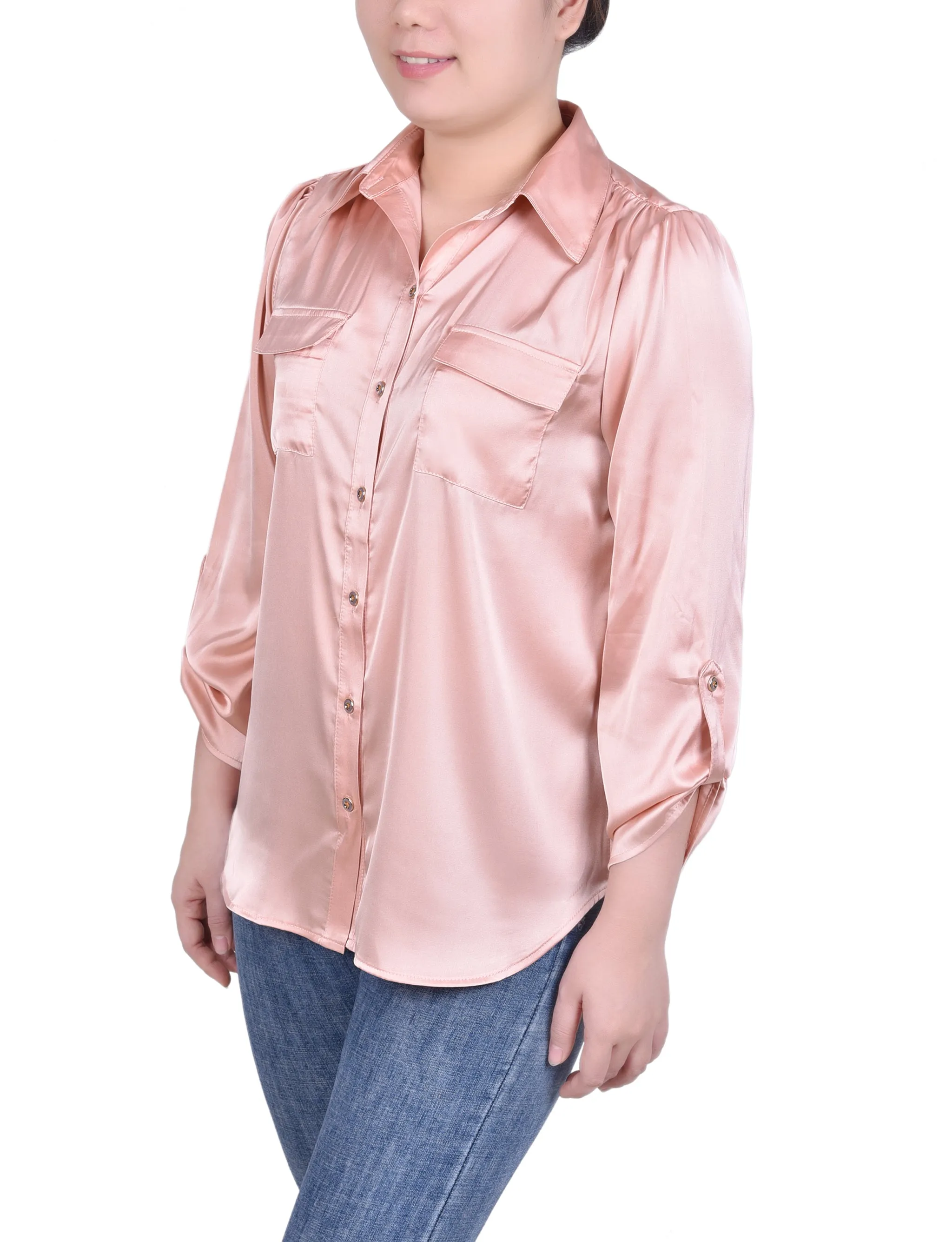 Tabbed Long Sleeve Satin Blouse