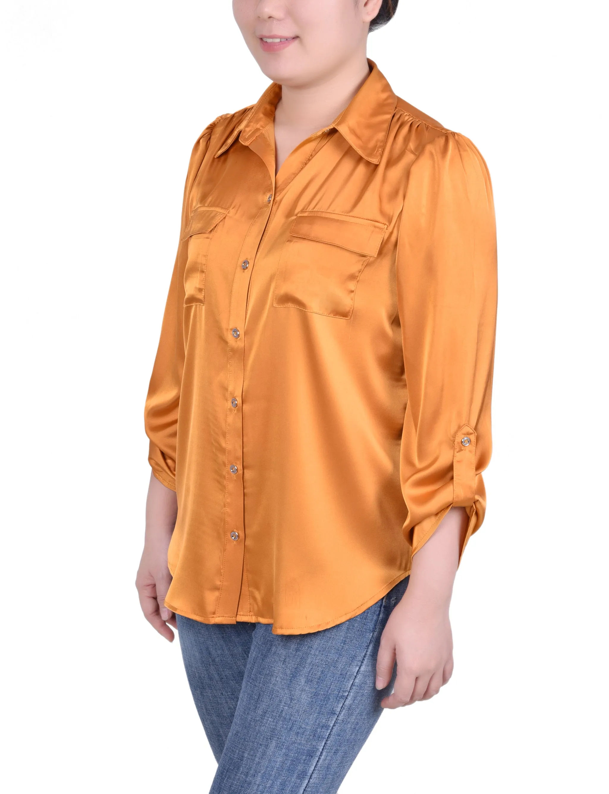 Tabbed Long Sleeve Satin Blouse