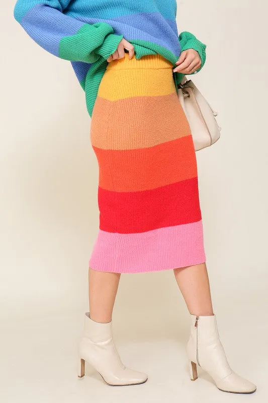 TEEK - Bold Rainbow High-Waisted Sweater Multicolor Skirt