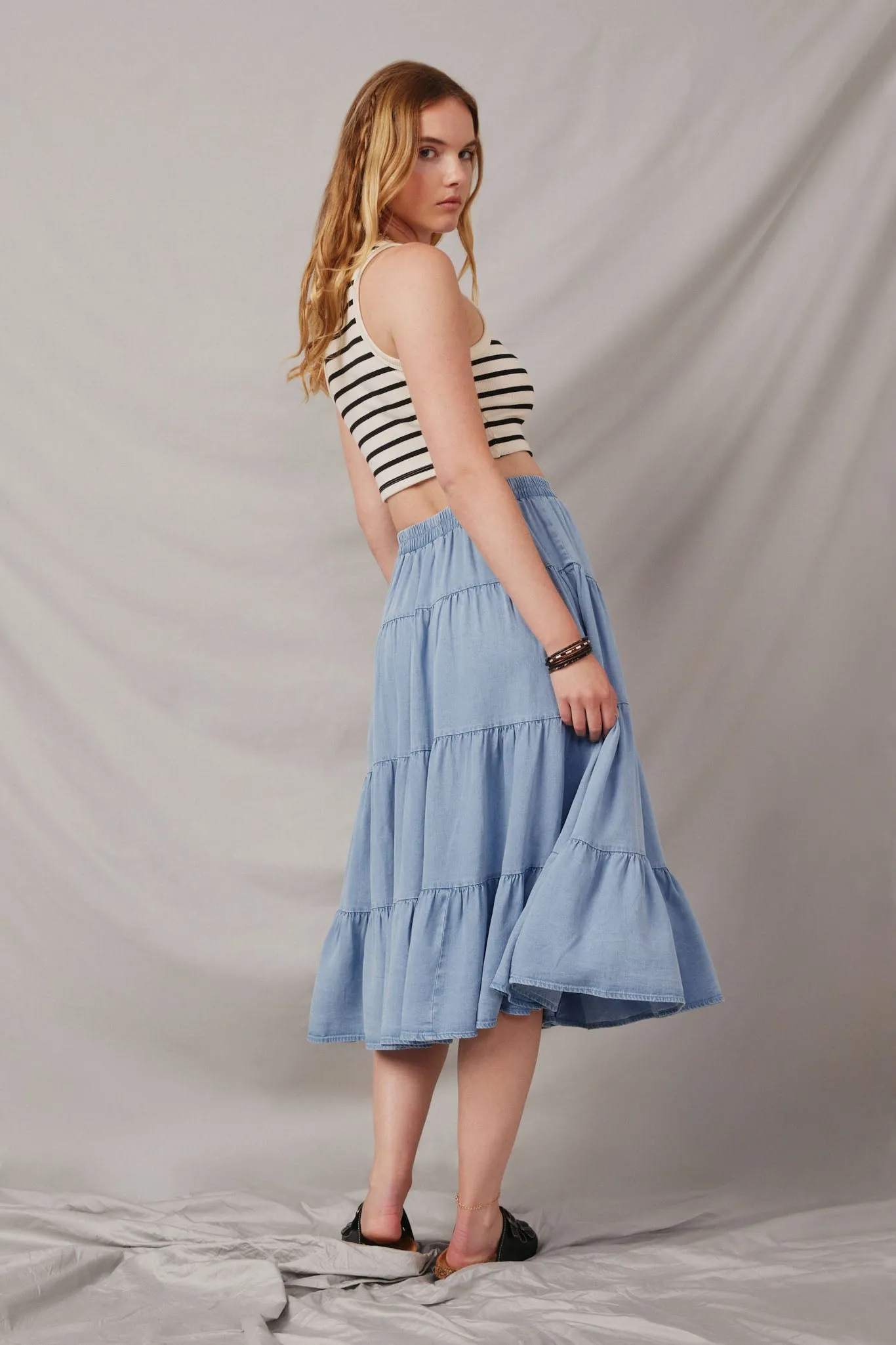 Tiered Button Front Tencel Skirt