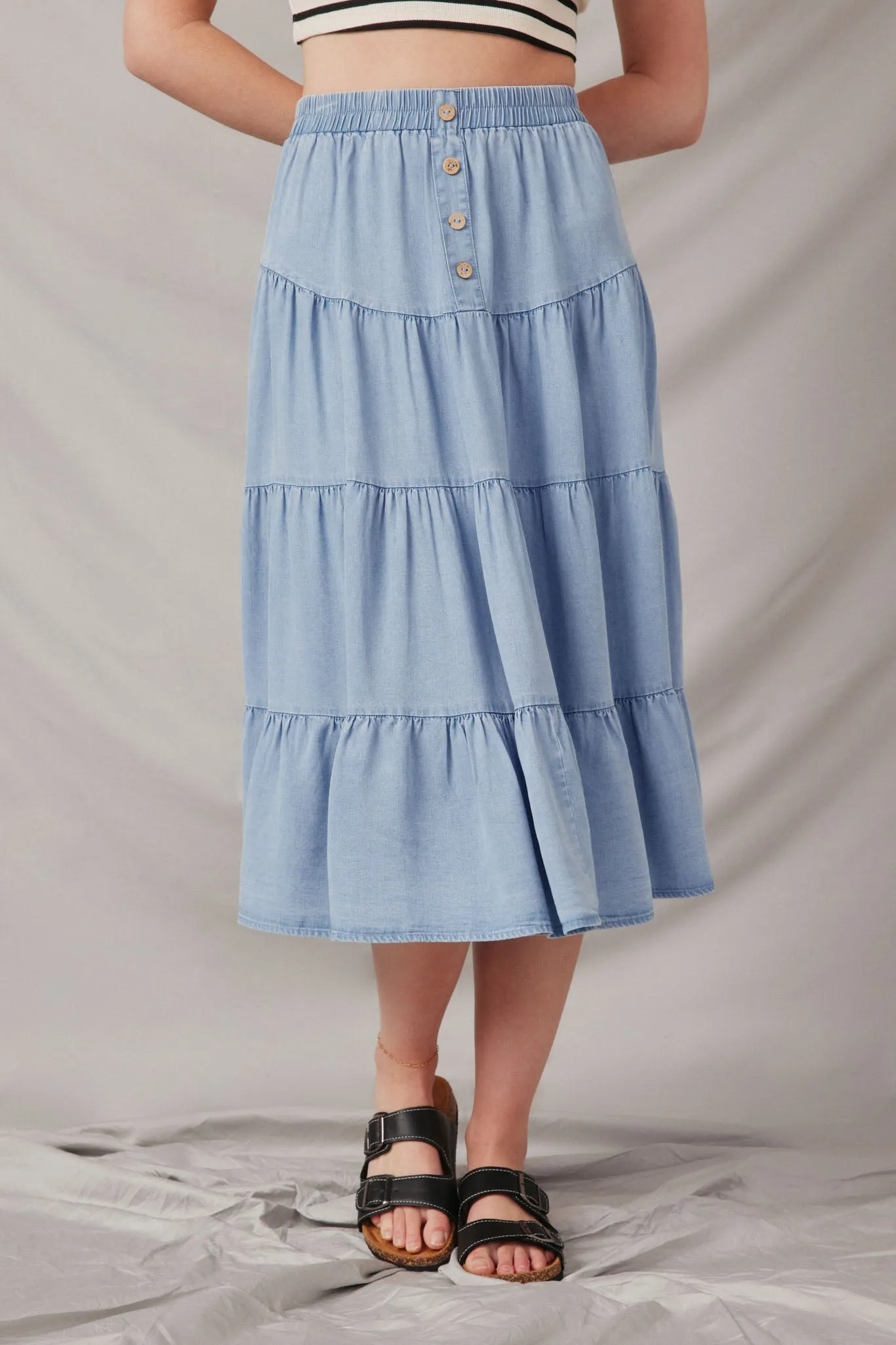 Tiered Button Front Tencel Skirt