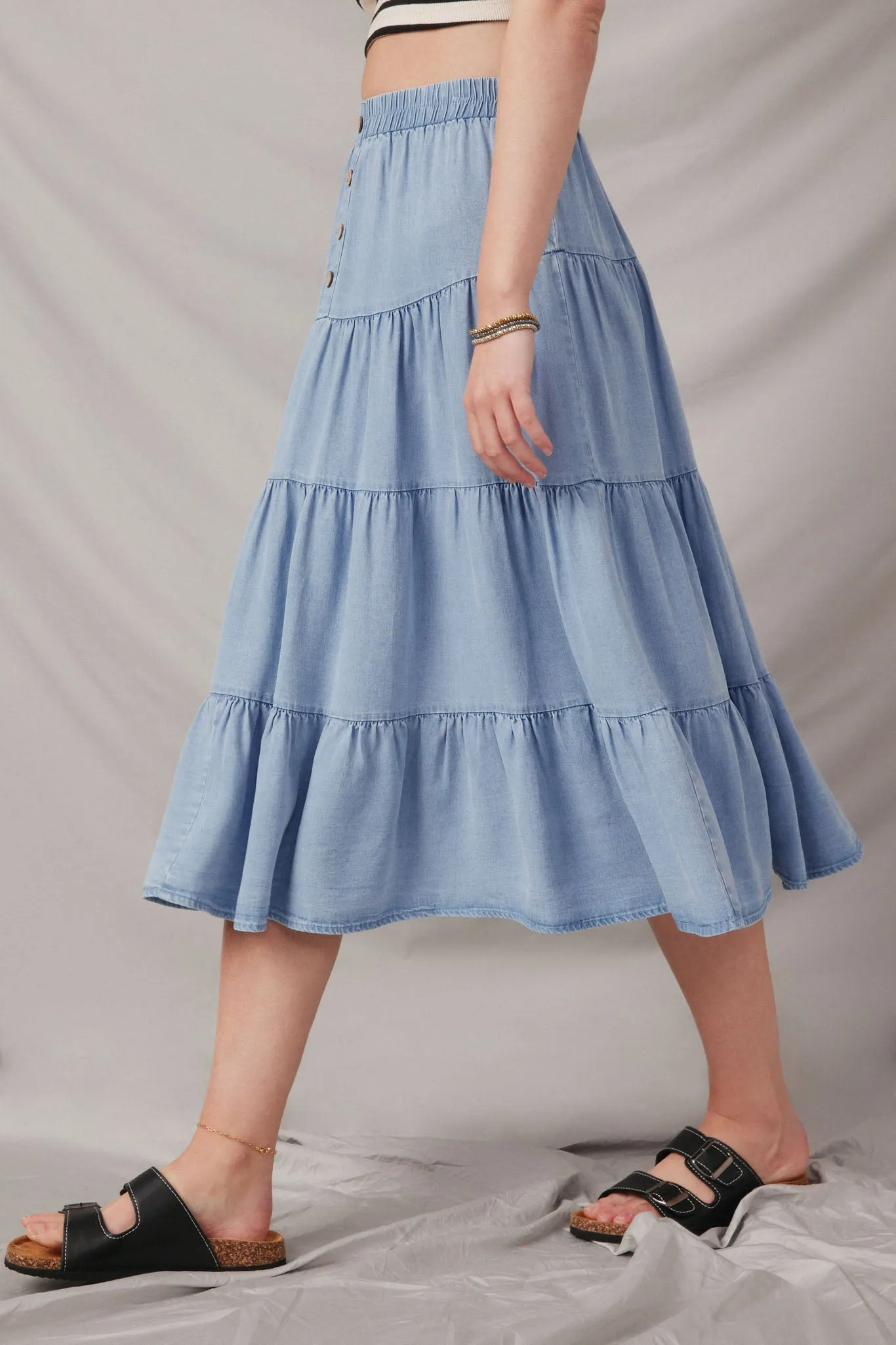 Tiered Button Front Tencel Skirt