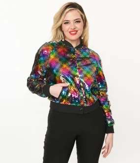 Unique Vintage Rainbow Sequin Satin Bomber Jacket