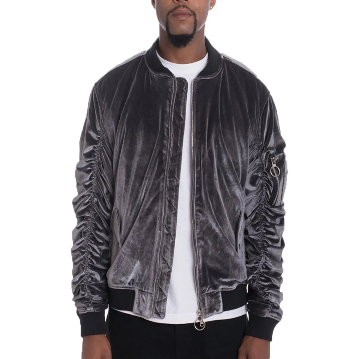 Velour Scrunched Bomber Jacket