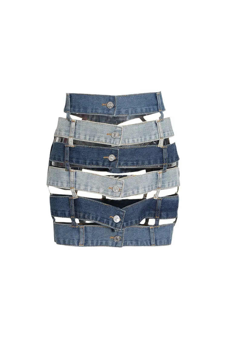 Versatile Multilayer Waistband Cutout Bodycon Button Up Denim Mini Skirt