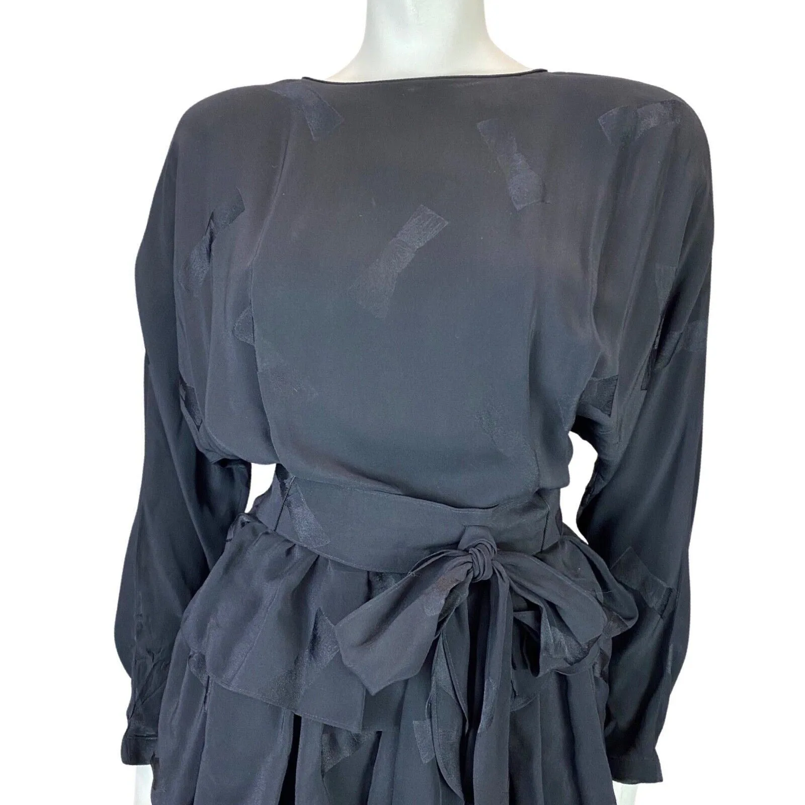 Vintage 80s Black Louis Féraud Bat Wing Belted Ruffle Skirt Dress 10 S