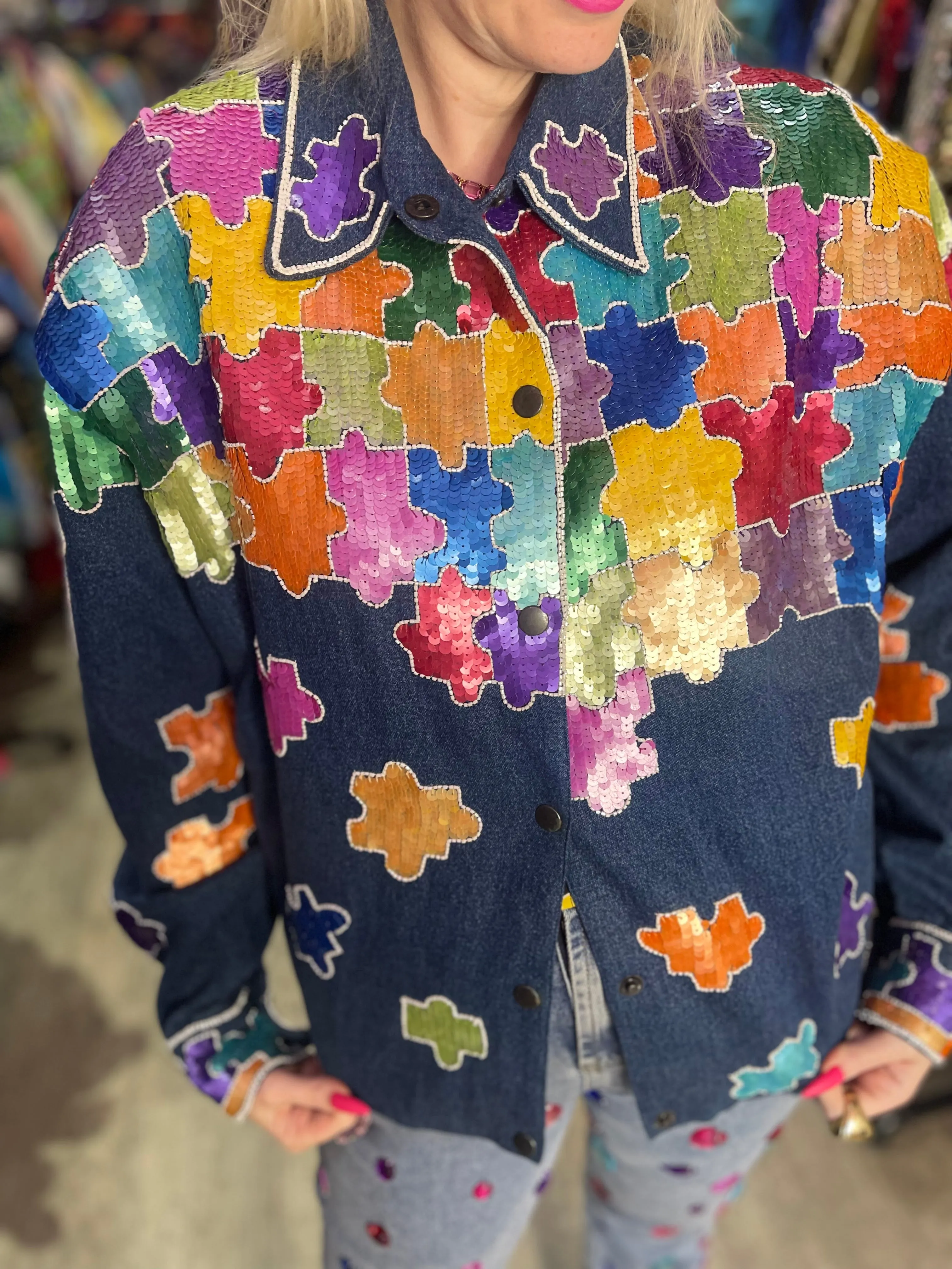 Vintage 90s Sequin Puzzle Pieces Jacket