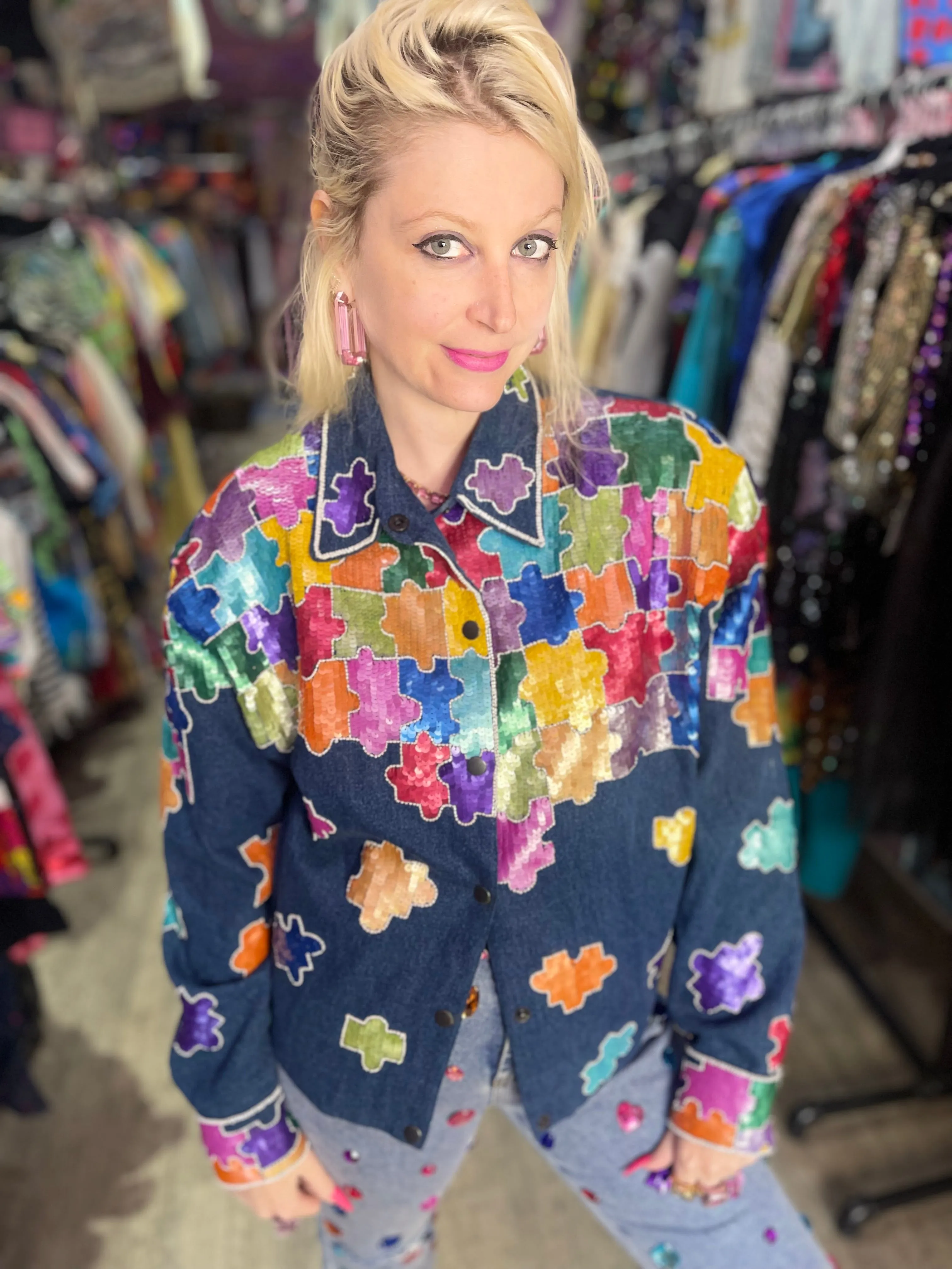 Vintage 90s Sequin Puzzle Pieces Jacket