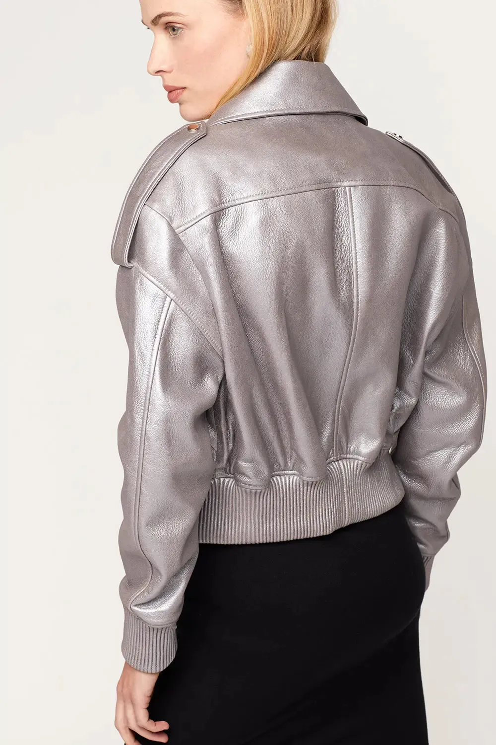 Womens leather bomber jacket with fur collar