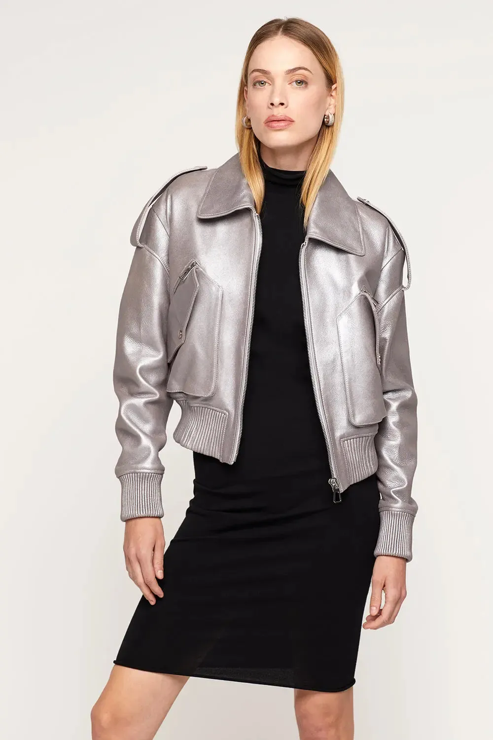 Womens leather bomber jacket with fur collar