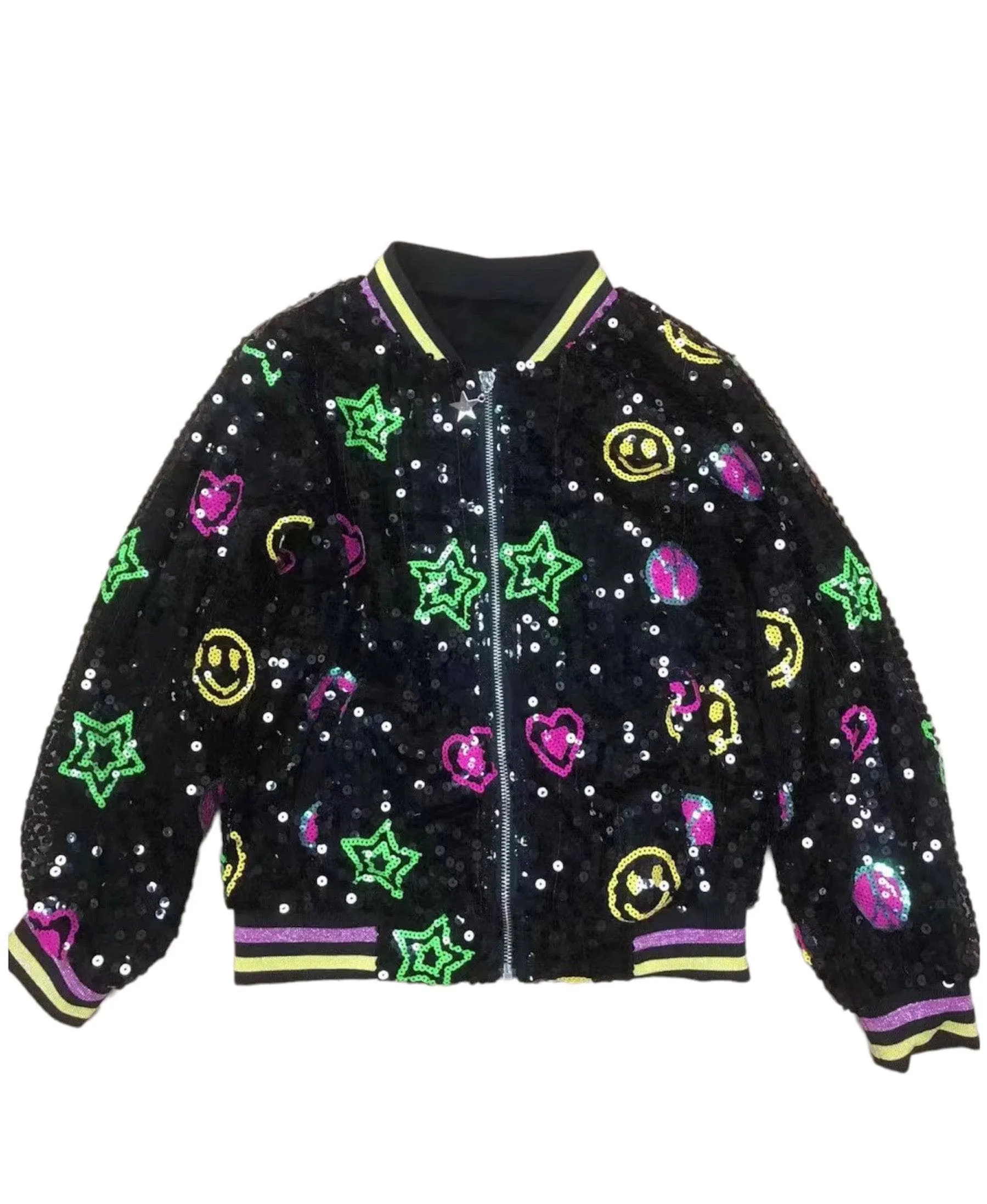 Womens Peace and Love Sequin Bomber